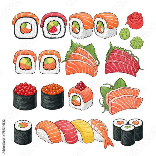 A vibrant and detailed illustration showcasing a diverse assortment of Japanese sushi and sashimi dishes, artfully arranged.