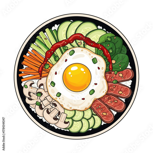 A vibrant illustration of a traditional Korean Bibimbap bowl with a fried egg, colorful vegetables, and meat, served over rice.