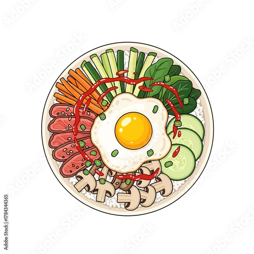 A colorful illustration of a bibimbap dish with various ingredients and a fried egg.