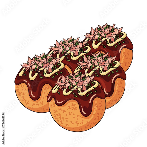 A close-up illustration of five delicious takoyaki balls drizzled with sauce and toppings.