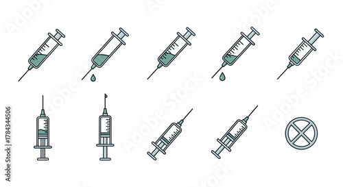Set of minimalistic syringe icons with a white background, representing medical concepts, vaccinations, and drug administration. These vector cartoon illustrations are perfect for apps, graphics, and