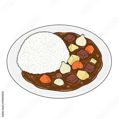 An illustration of a plate of Japanese beef curry with rice, potatoes, carrots, and whole garlic cloves.