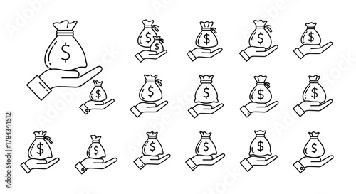 Collection of line art icons depicting a hand holding a money bag with a dollar sign, symbolizing financial transactions, wealth, and investment opportunities, isolated on a white background for