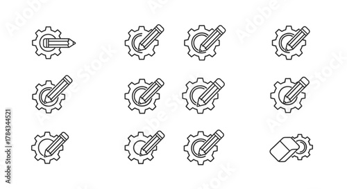 A collection of minimalistic line icons featuring gears intertwined with pencils, symbolizing creation, development, and problem-solving in design and technology. This set includes variations of the
