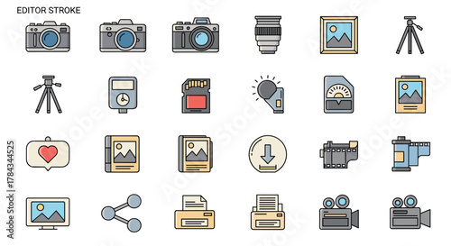 A vibrant and diverse collection of photography and image-related icons, featuring cameras, tripods, lenses, memory cards, photo albums, and video cameras, all rendered in a clean, editable stroke