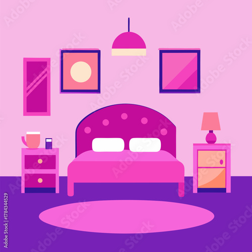 Bedroom interior with window and a large bed nightstand with the lamp and vase. Purple carpet on the floor. Textured wallpaper with pictures on the wall vector on purple background.