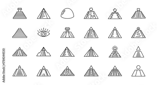 Collection of Thin Line Icons Representing Pyramids and Ancient Structures, Perfect for Web Sites, Books, Cards, and Apps. Editable Stroke Vector Cartoon Illustrations on a White Background, Evoking