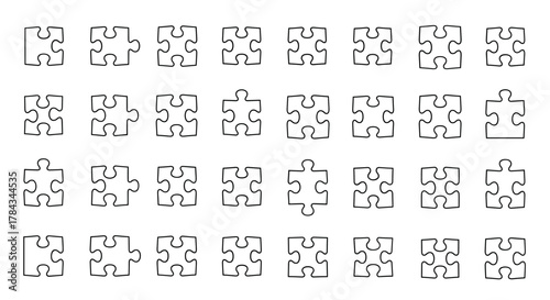 Collection of simple, hand-drawn outline puzzle pieces in a grid formation, perfect for representing concepts of connection, problem-solving, and teamwork in infographics, articles, books, flyers