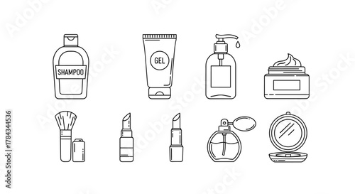 Set of minimalistic linear icons representing beauty and skincare products, including shampoo bottle, gel tube, lotion dispenser, cream jar, makeup brush, lipsticks, perfume bottle, and compact