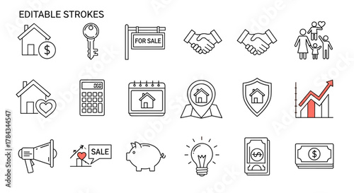 Editable stroke line icon set for real estate business, including house with dollar sign, key, for sale sign, handshake, family, calculator, calendar, map pin, shield, growth chart, megaphone, piggy