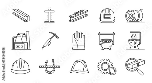 Set of outline icons related to steel industry and construction, featuring I-beams, welding equipment, safety helmets, industrial factory, gears, and quality control magnifying glass, presented as a