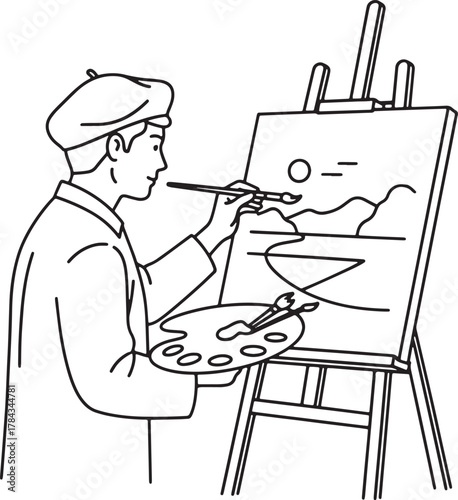 Artist painting a landscape on an easel with a palette