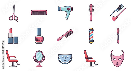 A vibrant collection of cartoon-style beauty salon and hairdresser icons, featuring essential tools and equipment like scissors, combs, a hairdryer, lipstick, nail polish, barber pole, salon chairs