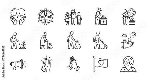 Set of clean line icons representing volunteerism and community service, including heart with pulse, people in circle, family, donation box, global aid, planting, elderly care, trash collection