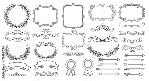 Collection of decorative vintage line elements, including ornate wreaths, elegant frames, calligraphic swirls, dividers, laurel leaves, award ribbons, and arrows, perfect for graphic design and