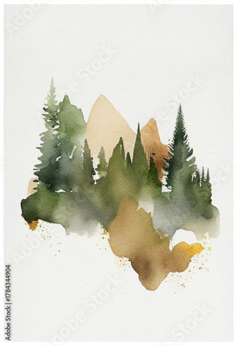Watercolor painting of serene forest scene, vibrant trees and rich foliage, majestic mountains soaring in the background, tranquil and picturesque atmosphere. Vector design of serene forest 