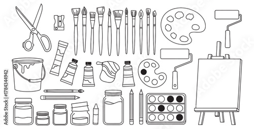 Black and white line art illustration of various art supplies on a white background