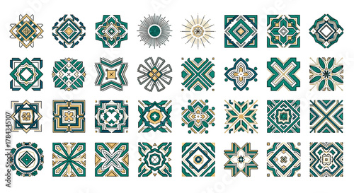 Collection of 36 Luxury Geometric Patterns in Emerald Green and Gold, Abstract Vector Art, Seamless Decorative Elements, Modern Ornamental Designs, Isolated on White Background, Perfect for Graphic
