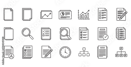 Business documents and data analysis icons representing reports and organizational charts