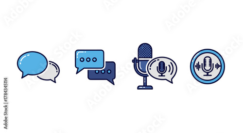 Set of four vector cartoon illustrations featuring communication and podcasting icons on a clean white background, including speech bubbles and microphones, presented as an ordered line icon set for