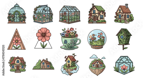 Charming Collection of Whimsical Houses and Floral Elements: Vector Cartoon Illustrations Featuring Greenhouses, Cozy Homes Adorned with Roses, Floating Islands, and Delicate Flowers in a Teacup