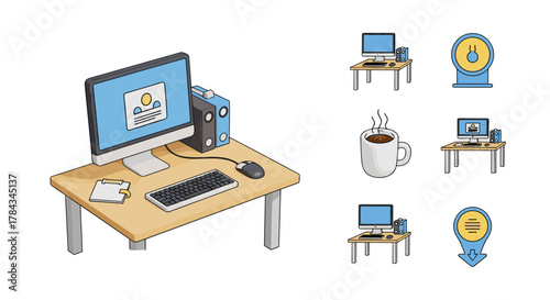 3D Render of a Modern Office Desk Setup Featuring a Computer, Keyboard, Mouse, and Clipboard, Accompanied by Various Icons Including a Hot Coffee Mug, a Scale, and a Location Pin, Perfect for