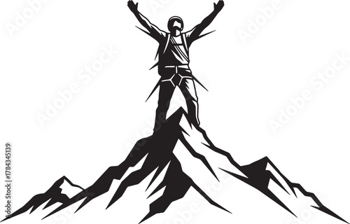 Triumphant climber reaches mountain summit with arms raised