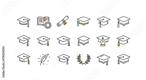 Collection of academic square cap thin line icons with editable stroke, suitable for websites, books, cards, and apps, presented as a vector cartoon illustration on a white background, symbolizing