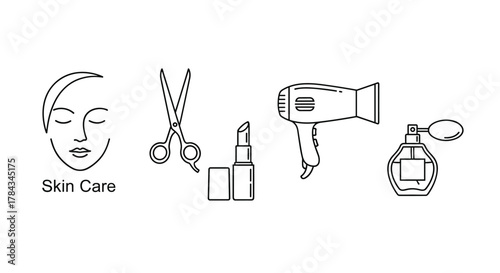 A clean, minimalist line art collection of beauty and skincare icons, including a serene face, professional scissors, a classic lipstick, a powerful hairdryer, and an elegant perfume bottle, perfect