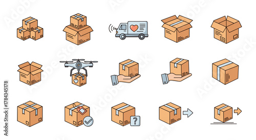 Set of 15 outline icons representing various aspects of delivery and shipping, including stacked boxes, open boxes, a delivery truck with a heart symbol, a drone delivering a package, hands holding