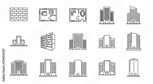Collection of outline icons representing architectural elements and buildings, including a brick wall, floor plans of apartments, various modern skyscrapers, office buildings, and residential
