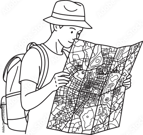 Traveler with backpack studying a detailed map