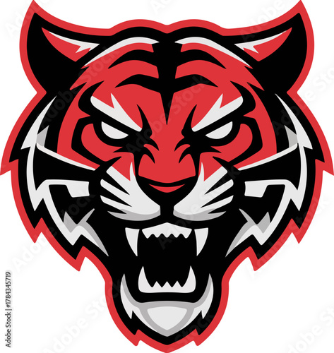 A fierce and aggressive red, black, and white tiger head logo with an open mouth and sharp fangs.