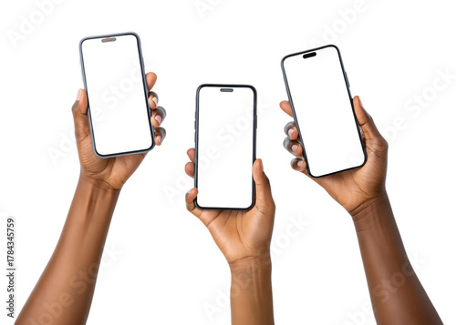 Three hands holding up smartphones with black screens against a dark background