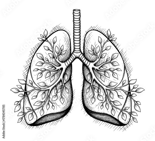 Hand-Drawn Human Lungs with Botanical Branches in Anatomical Style. Vector Illustration for Wellness and Environmental Health.
