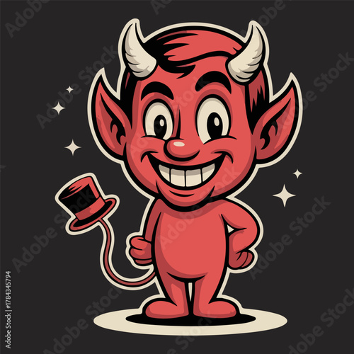 Cute cartoon red devil character with horns, a big smile, and a tail holding a top hat, standing on a spotlight with stars in the dark background.