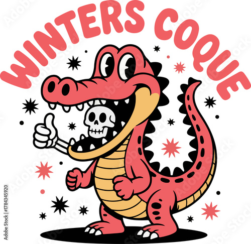 A retro cartoon red alligator with a skeletal hand giving a thumbs-up, holding a skull in its mouth, with "WINTERS COQUE" text.