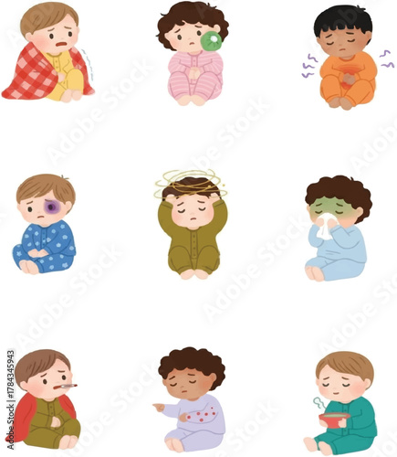 Cute Cartoon Sick Children with Illness Symptoms Set