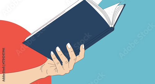 A stylized illustration shows a hand with white manicured nails holding an open book against a vibrant, abstract background.