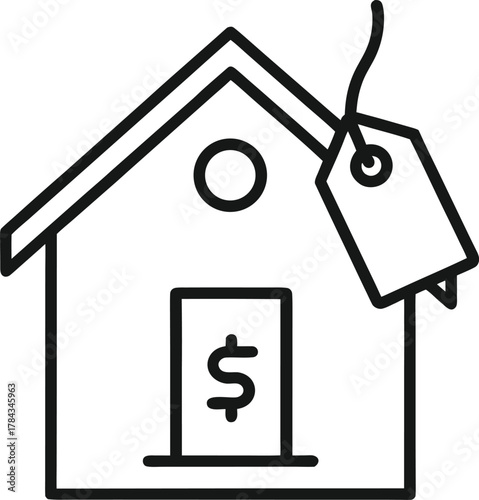 Line art vector of a small house with a hanging price tag featuring a dollar sign, black outline, real estate sale icon.