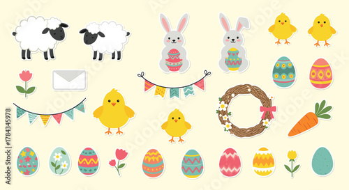 A delightful collection of cute Easter illustrations, with fluffy lambs, adorable bunnies, yellow chicks, colorful eggs, and spring decorations.