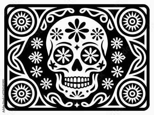 Intricate black and white sugar skull illustration with floral and geometric patterns, representing Mexican folk art and Day of the Dead traditions.