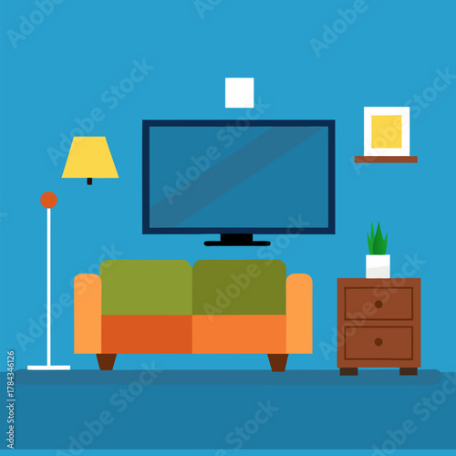 Living room interior with TV screen in front of couch vector on blue background.