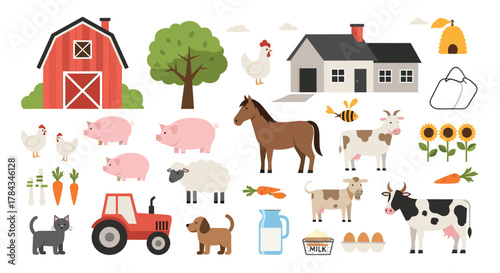 A vibrant collection of cartoon farm animals, buildings, and agricultural products, perfect for illustrating rural life and country living themes.