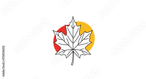 A stylized black and white outline of a maple leaf layered over a vibrant red and yellow two-tone circular background.