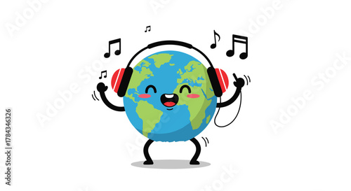 A happy cartoon Earth character with headphones enjoys music, dancing joyfully with musical notes floating around.