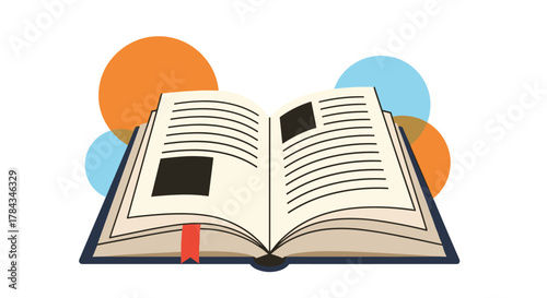 An open book with stylized text and images, marked with a red bookmark, against a vibrant background of overlapping abstract colorful circles.