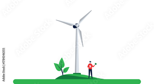 A person stands beside a towering wind turbine on a lush green landscape, symbolizing sustainable energy and environmental investment.