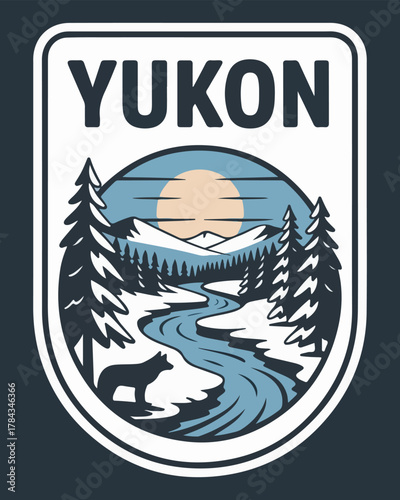 A graphic design featuring a winter landscape with snow-covered mountains, pine trees, a winding river, a wolf, and the text 'YUKON' in a badge-like frame.
