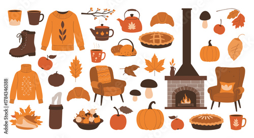 A vibrant collection of cozy autumn essentials, featuring warm sweaters, pumpkins, fall leaves, hot beverages, and harvest treats.
